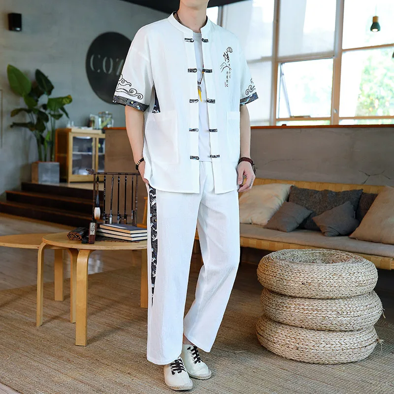 

New 2025 Men's Short Sleeve T-Shirt Set with Buttoned Hanfu Design Cotton Retro Chinese Style Youth Summer Fashionable Outfit