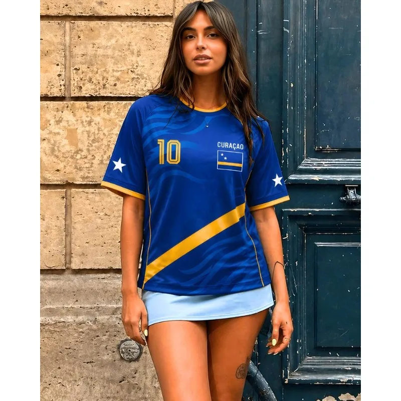 Summer Curacao Blue Wave Diagonal Gold Stripe Soccer Jersey, Oversized Quick Dry Breathable Tee for Casual Family Kids Tees