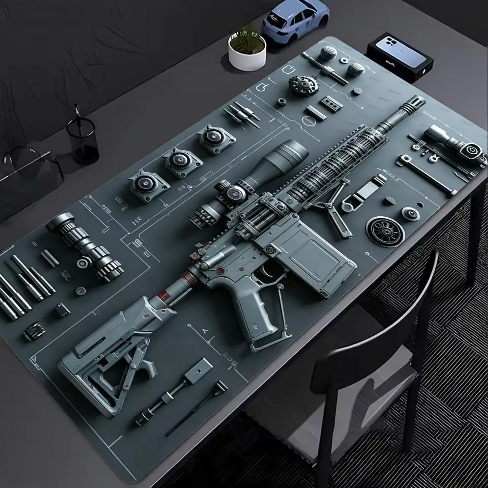 Cyberpunk Tactical Rifle Blueprint Mouse Pad Mechanical Gun Parts Non-slip Large Gamer Deskmat Gaming Accessories XXL Mousepad