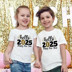 Hello 2025 Happy New Year Print Child T-shirt Boys Girls Outfits Clothes Winter Holiday Party Kids T Shirt Short Sleeve Tops Tee