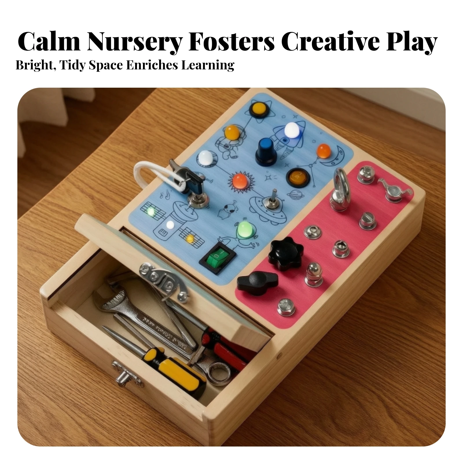 Developmental Busy Board Interactive Busy Box Wooden Tool Box Toy Safe for Toddlers, Travel, Classroom