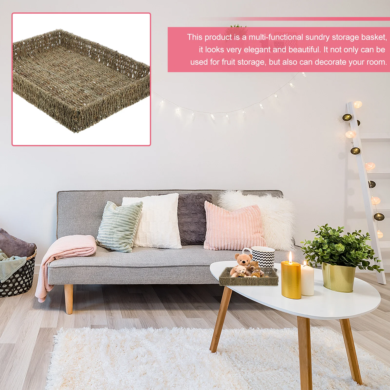 

1pc Storage Basket Tray Woven Fruit Bread Basket Light Brown Multi-Purpose Household Organizer Decorative Vegetable Sundries