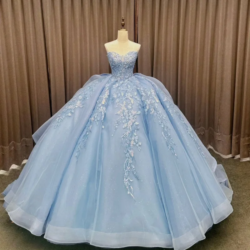 

Customized Shiny sky blue Quinceanera Dresses Off the Shoulder applique flower Lace layering Long tail Vestido 15 Quinceanera
