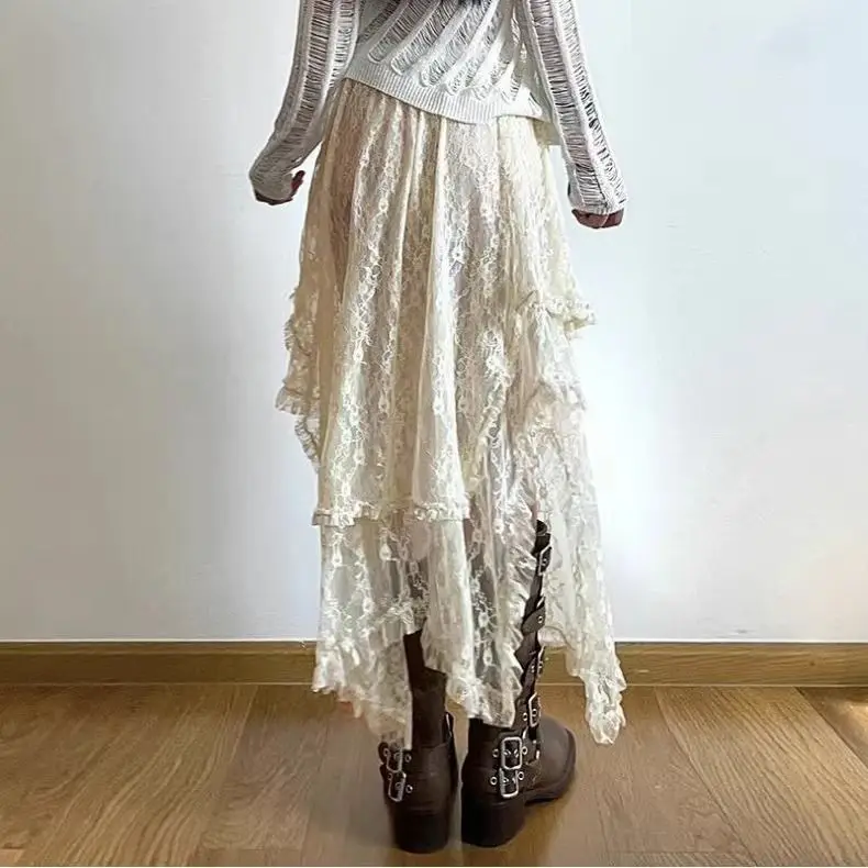 2025 Vintage Lace Irregular Hem Long Skirt with Elegant Vacation Style Half Skirt