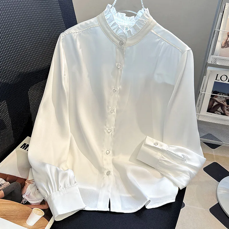 Camicia da donna Camicetta Nuova elegante manica lunga Colletto arricciato Camicia bianca Camicetta Donna Top Camicette Camicie Blusas Para Mujer Q544