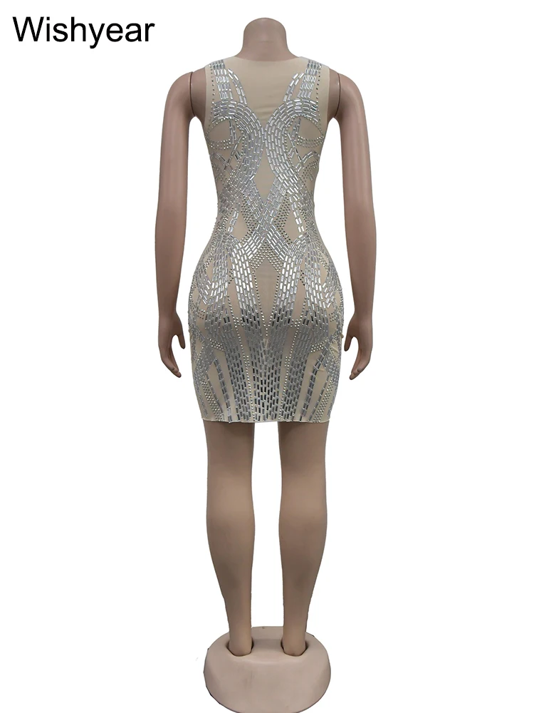 Wishyear Sexy Mesh Rhinestones Crystal Bodycon Mini Dress for Women Sleeveless Evening Party Night Club Dresses Borthday Luxury