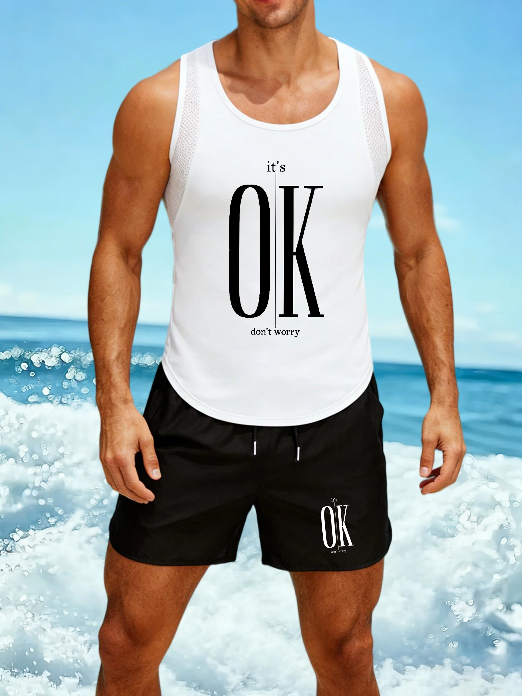 

It'S Ok Don'T Worry Print Mens Reticular Vest Suit Fashion Sleeveless Singlet Sport Drawstring Shorts Unisex Soft Clothing