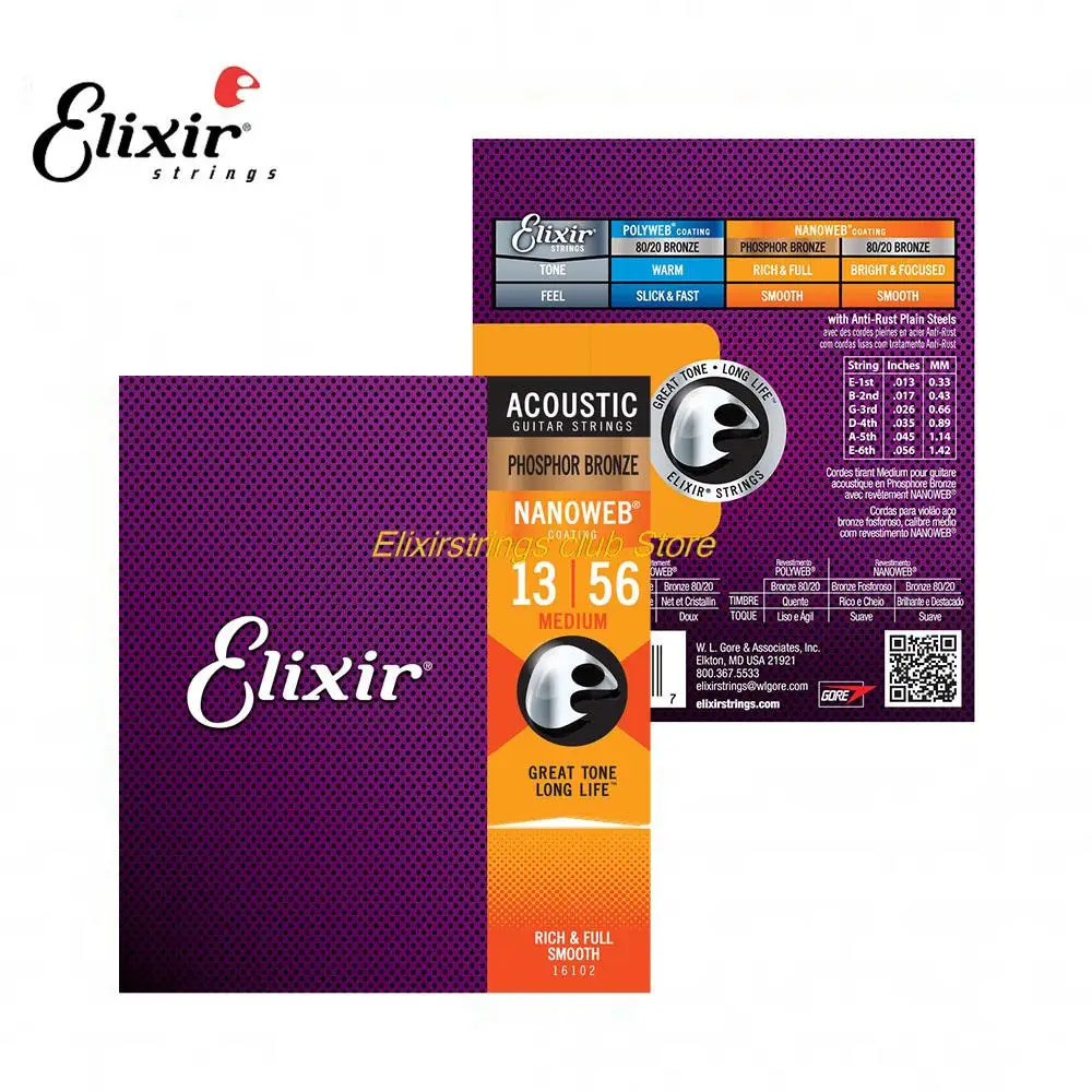 Elixir Acoustic 80/20 Phosphor Bronze 16102 13-56 Guitar Strings Excellent Sound Smooth Touch Guitar Accessories Free Shipping