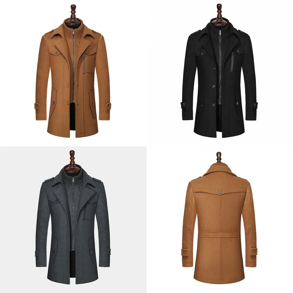 

Men's Wool Blend Trench Coat Double Collar Thickened Mid Length Overcoat for Men