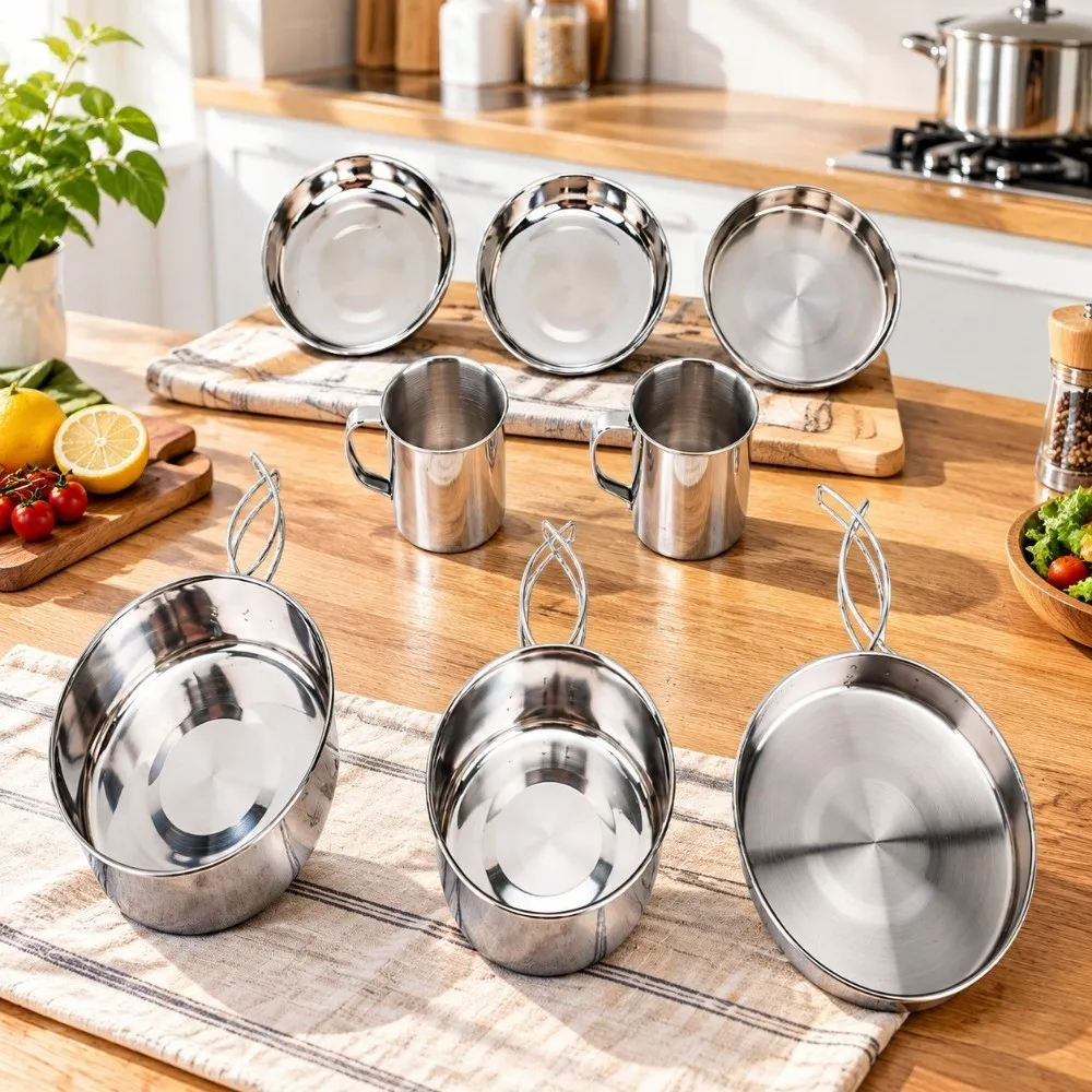 8 Pcs Compact Stainless Steel Cookware Set Stackable 3-4 Person Camping Mess Kit Backpacking Cooking Pot Hiking