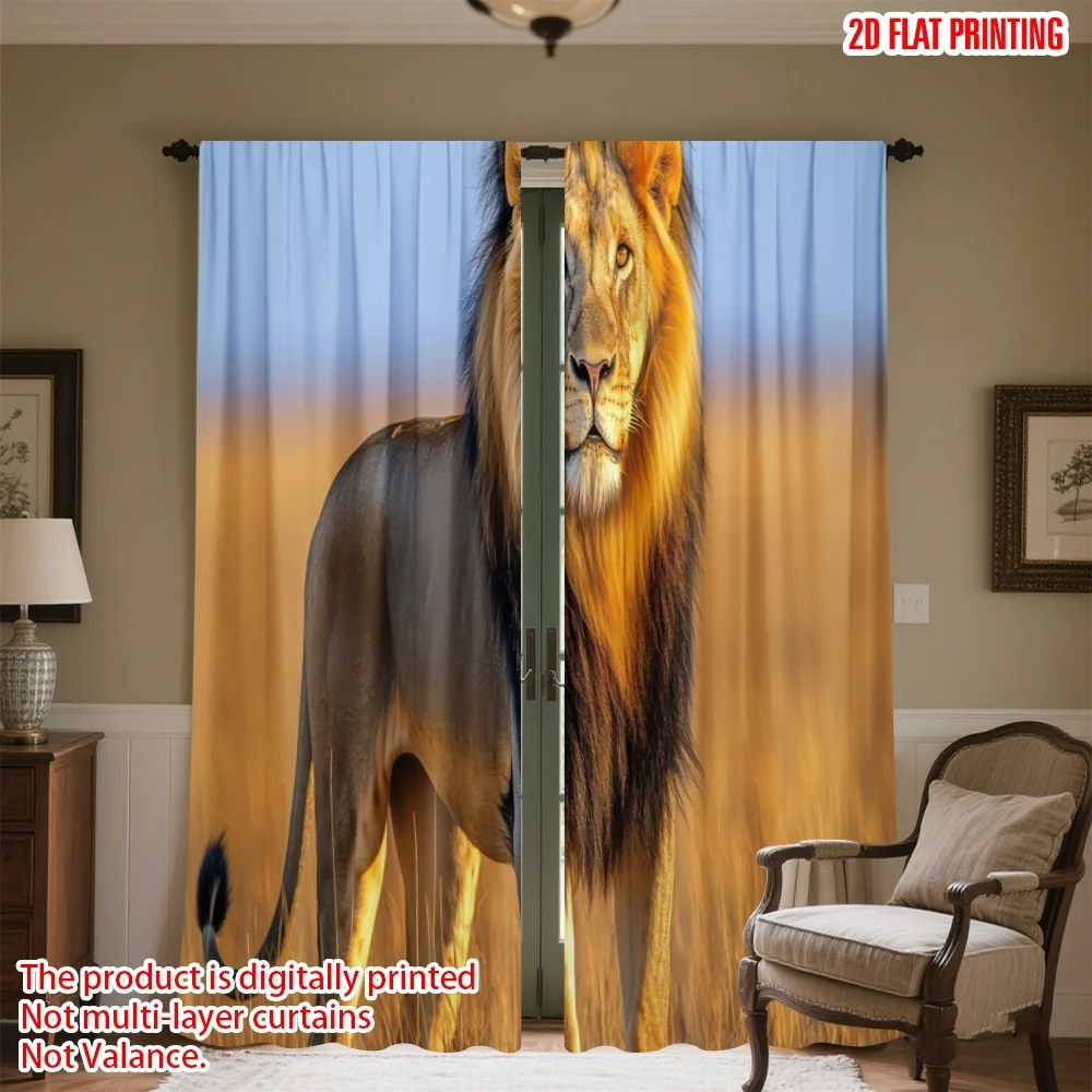 

2D flat printing 2pcs Party Curtain Majestic Lion in Grasslands Digital Printed Polyester Drapes All Season Party & Holiday