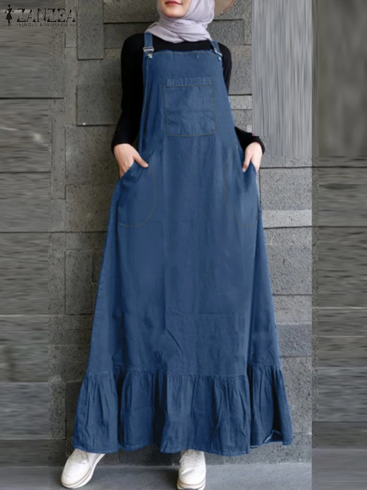 ฤดูใบไม้ผลิฤดูร้อน Elegant Overalls ชุด ZANZEA มุสลิม Abaya Hijab ผู้หญิงแขนกุดสแควร์ Sundress Kaftan Robe Femme