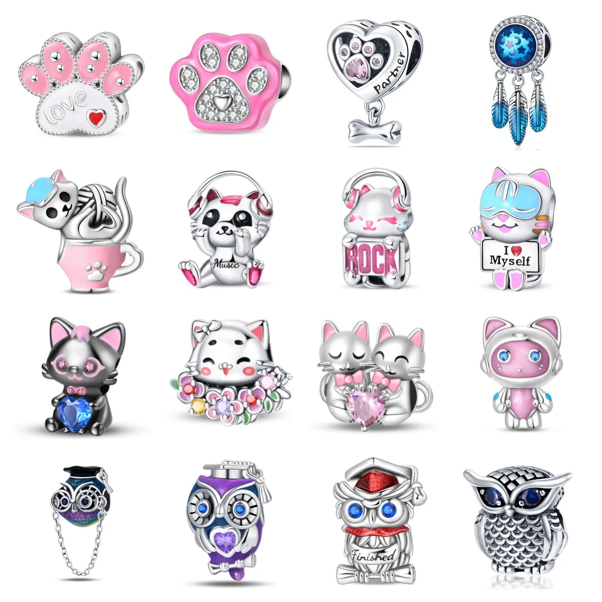 

Высококачественный женский серебряный милый питомец, кошка, сова, подвеска, бусина, ювелирные изделия «сделай сам», аксессуары для браслета