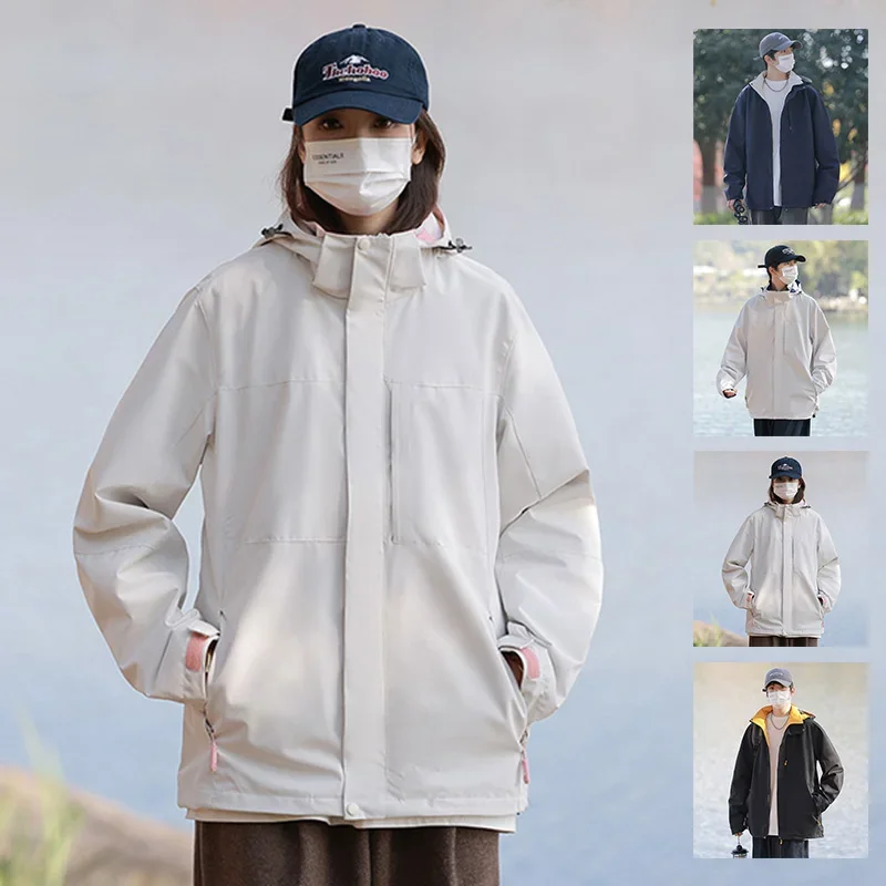 Otoño nueva chaqueta cortavientos mujer Unisex con capucha Color sólido pareja al aire libre senderismo abrigo hombres multifuncional Casual deportes abrigo