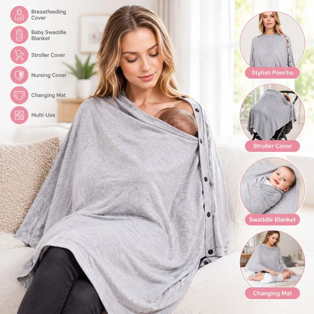 Soft Stretch Fabric Nursing Cover Button Closure Breathable Care Scarf Machine Washable Asymmetric Hem Breastfeeding Poncho