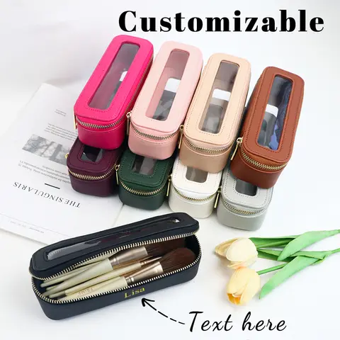 맞춤형 이름 PU 가죽 여성용 투명 메이크업 브러시 박스, PVC 메이크업 가방 여성용 화장품 액세서리