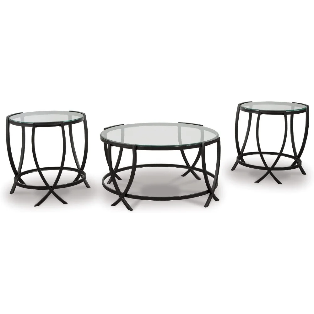 

Signature Design by Ashley Tarrin Contemporary Glass Top Round 3-Piece Table Set, Includes Coffee Table and 2 End Tables, Black
