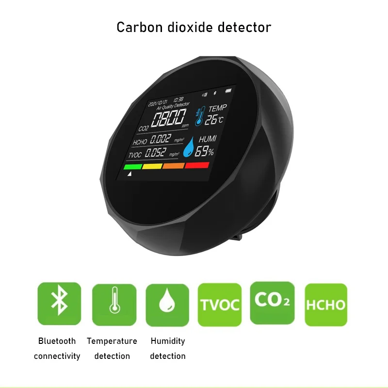 Détecteur de qualité de l'air de connectivité Bluetooth, détecteur de CO2, de formaldéhyde, de TVOC, de température et d'humidité, cinq en un