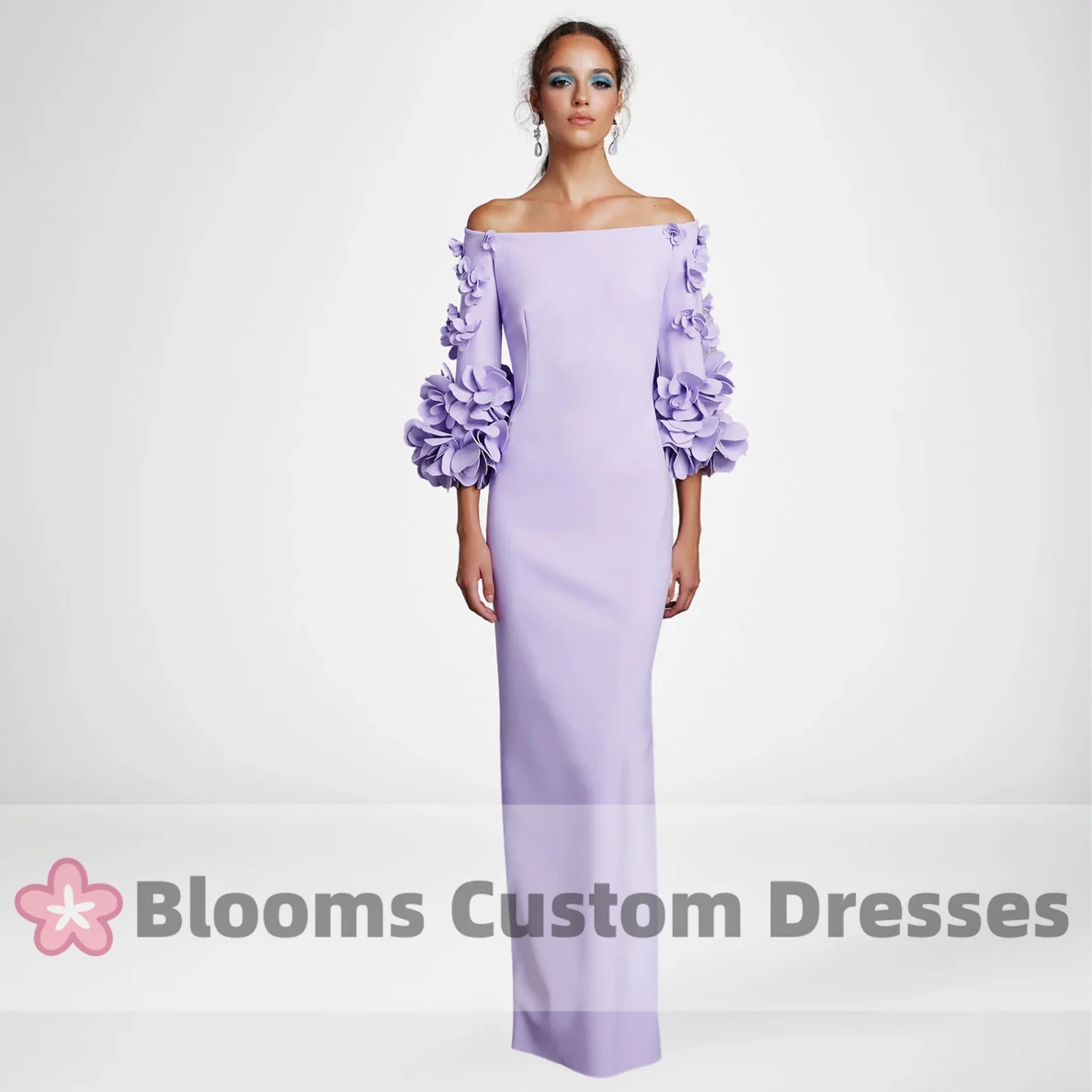 Customize Lilac Off Shoulder Floral Long Sleeves Evening Dress 2024 Back Slit Elegant Sweet Prom Dress Wedding Formal Party Gown