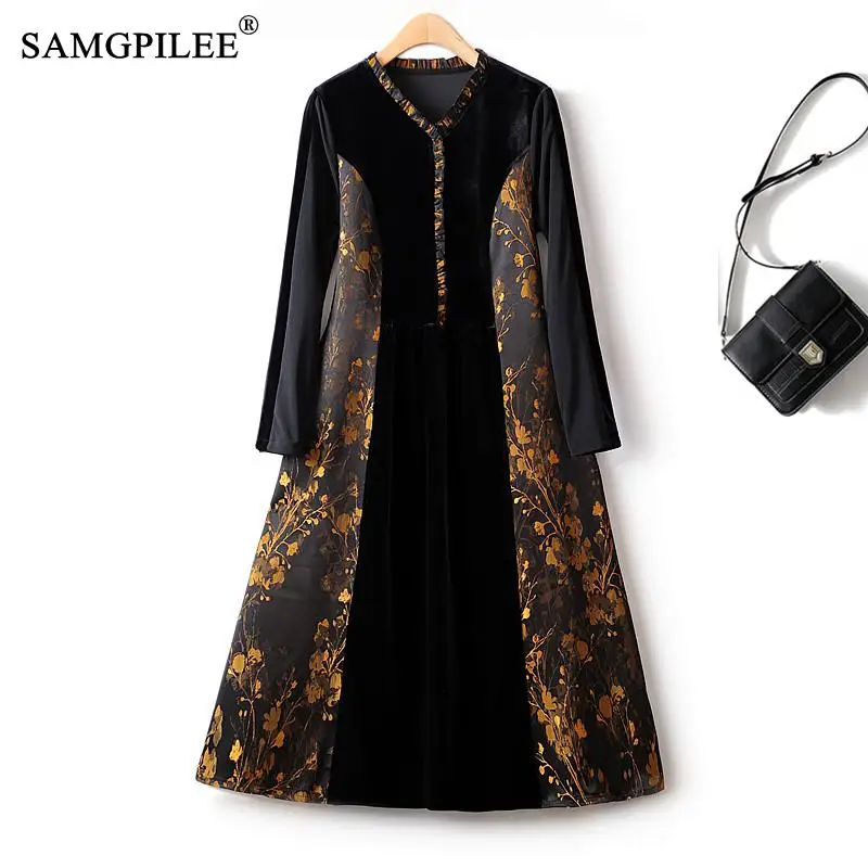 

2023 Spring New In Dresses Lace V-neck Light Luxury Foreign Style Splicing Gold Velvet Over The Knee Autumn Elegant Dress Woman