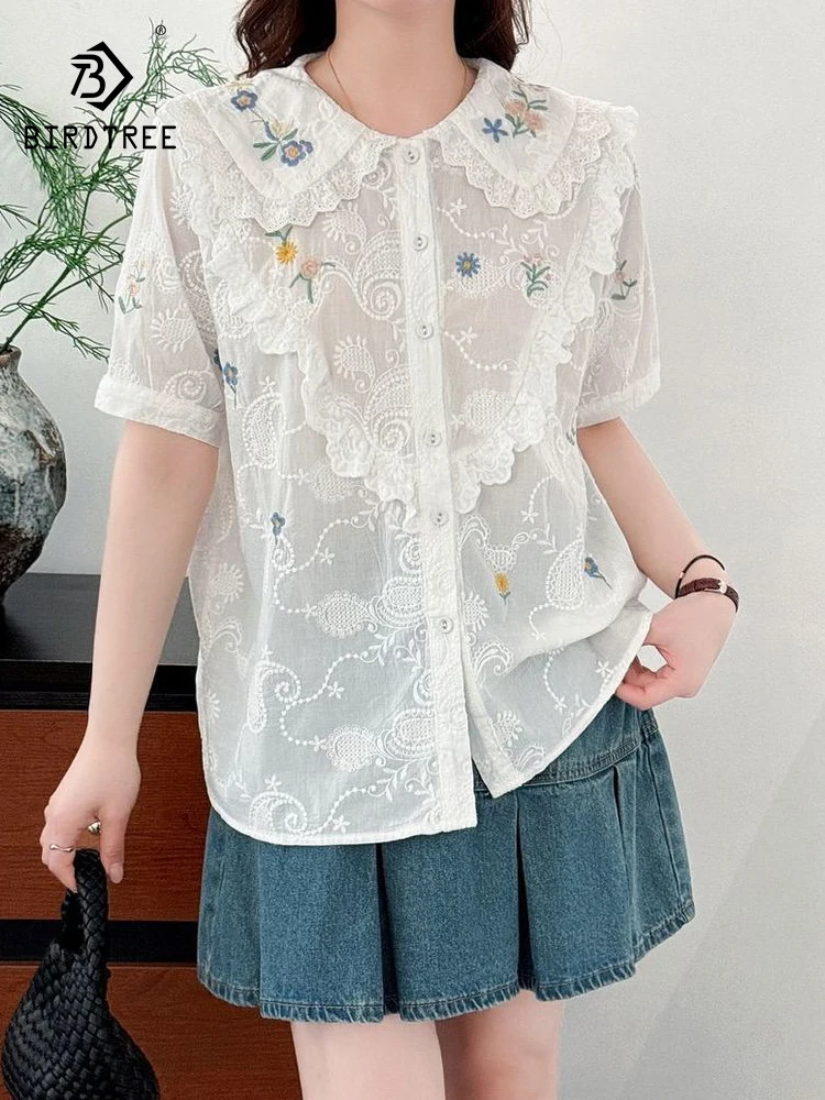 

New 2026 Summer Women Cotton Short Sleeve Shirt, Peter Pan Collar Embroidery, Mori Girl Ruffles Sweet Thin Loose Blouse T64521CC