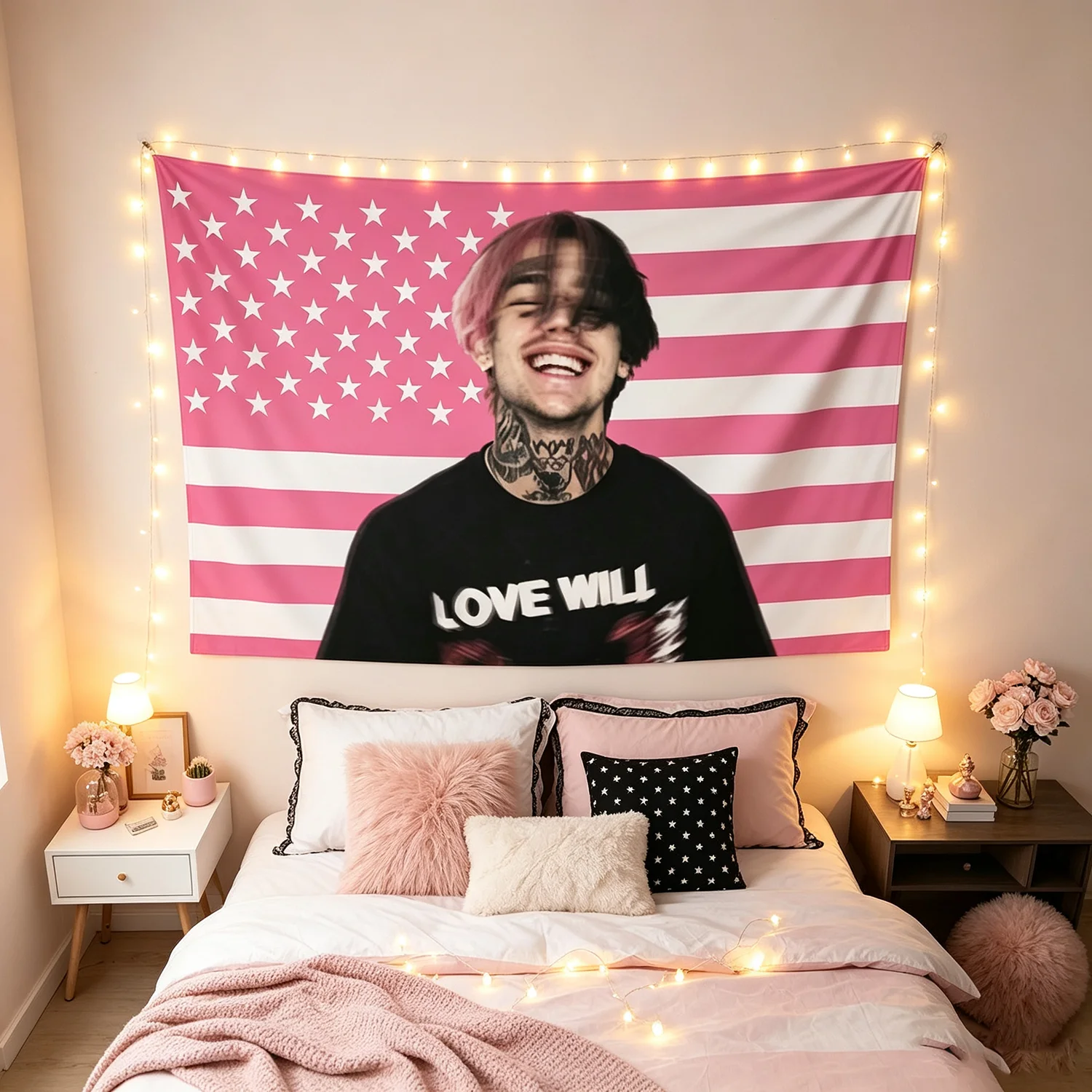Pink American Flag Tapestry, Rapper Portrait Wall Hanging Tapestry, Emo Rap Aesthetic Wall Decor for Bedroom Dorm Room
