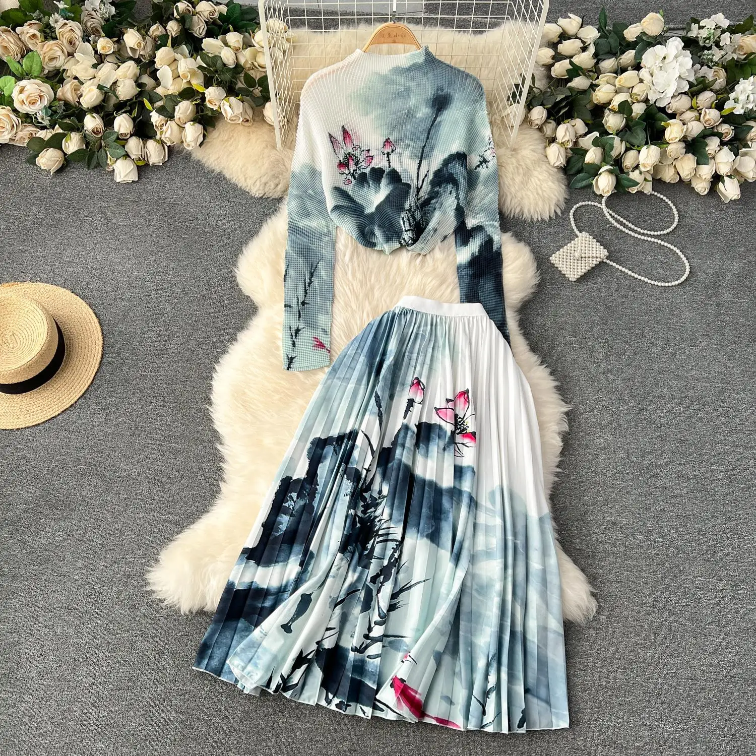 New Spring Runway Flower Skirt Suit Women Miyake Stretch Pleated Tops + High Waist Floral Printed Skirt Holiday Two Piece Set