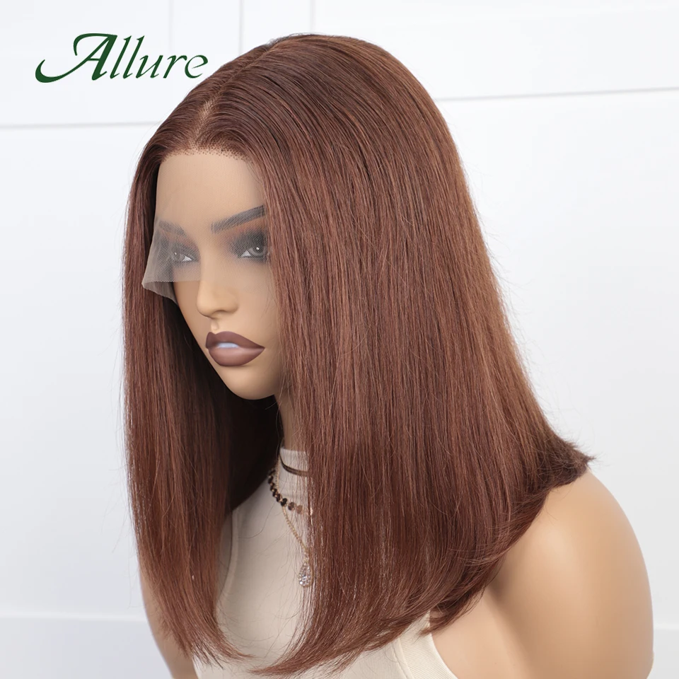 Chocolate Brown Short Bob Human Hair Wigs Colored Straight Bob Lace Front Wigs Transparent Lace Brazilian Hair For Women Allure