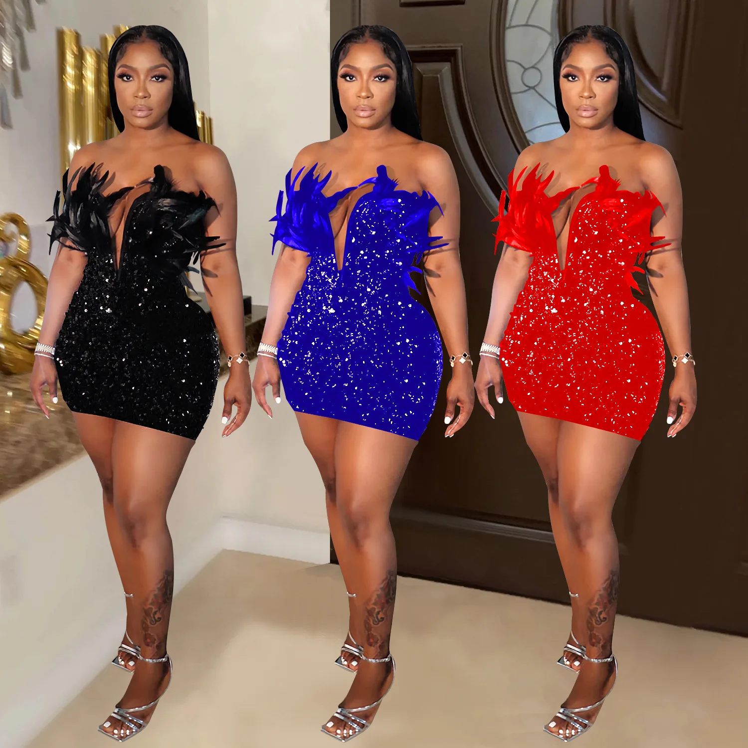 C7050 Vestido corto sin mangas con plumas y cuentas, estilo europeo y americano para mujer