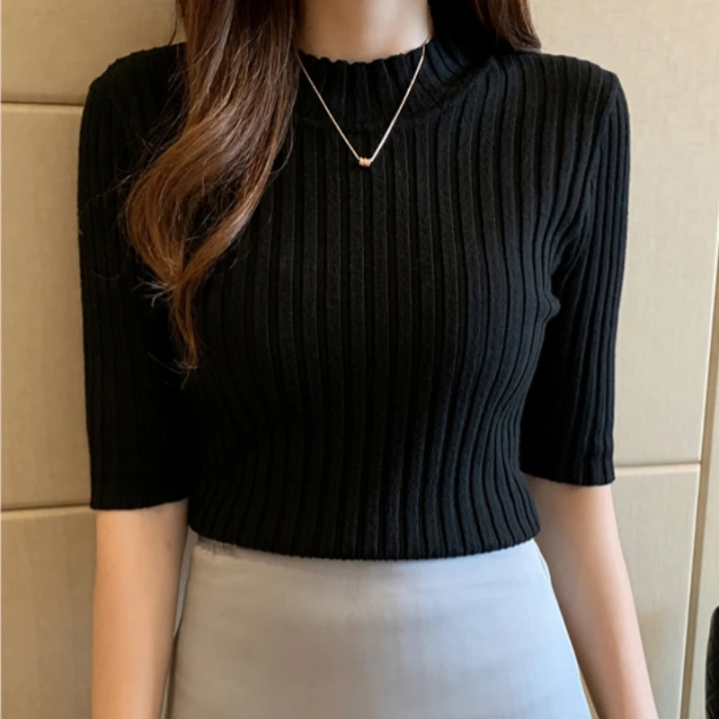 Spring Office Lady Pullover Half Sleeve Knitted Women Sweater Basic Solid Casual Shirts Female Korean Tops Elegant Blouse 13466