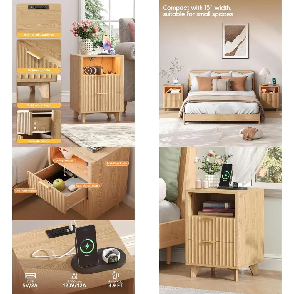 

Modern LED-lit Oak Nightstand with Charging Station, 2 Drawers, 13.8x15x22.8