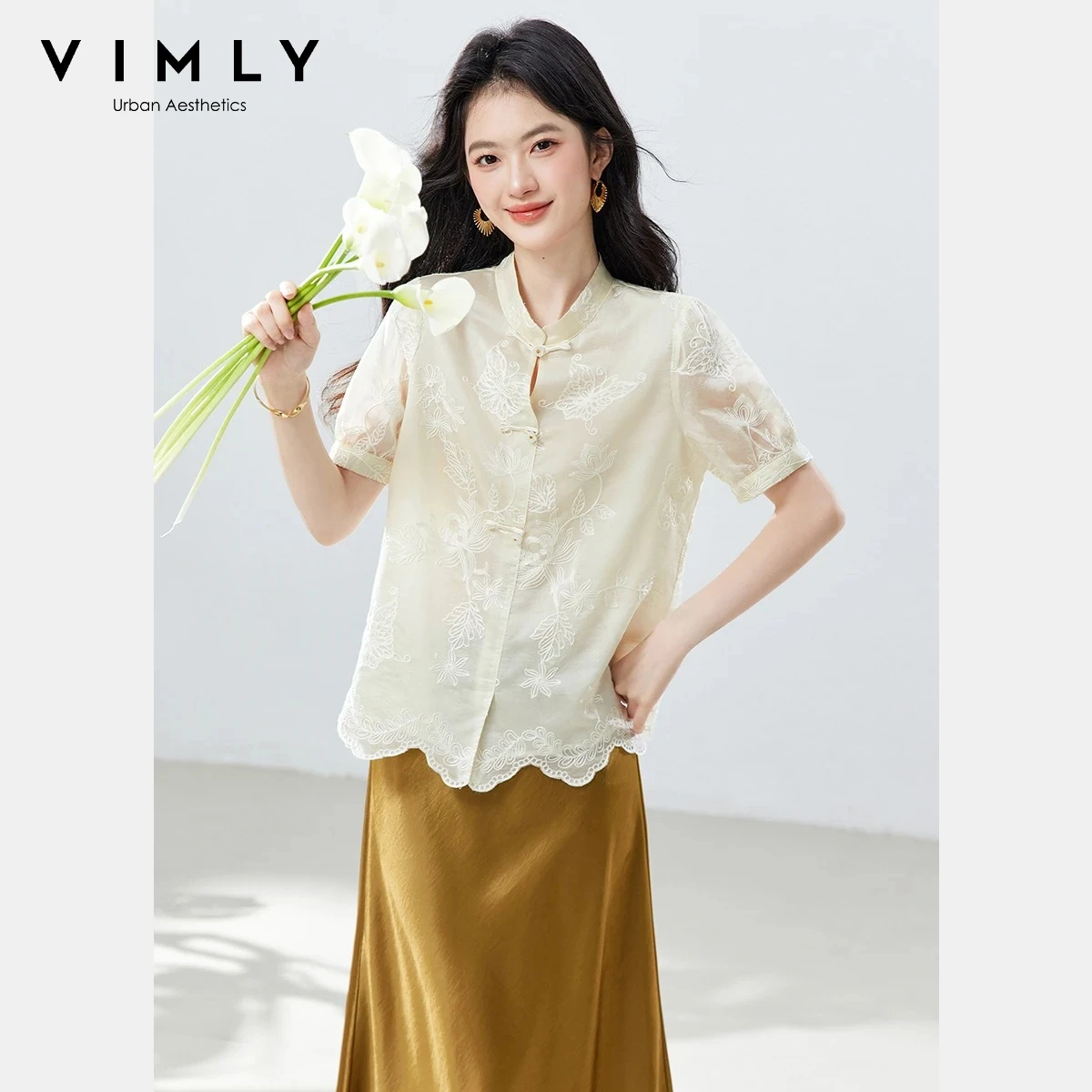 

VIMLY Women's Elegant Mandarin Collar Frog Button Chiffon Blouse 2026 Summer 3D Embroidered Short Sleeve Lightweight Shirt A6533
