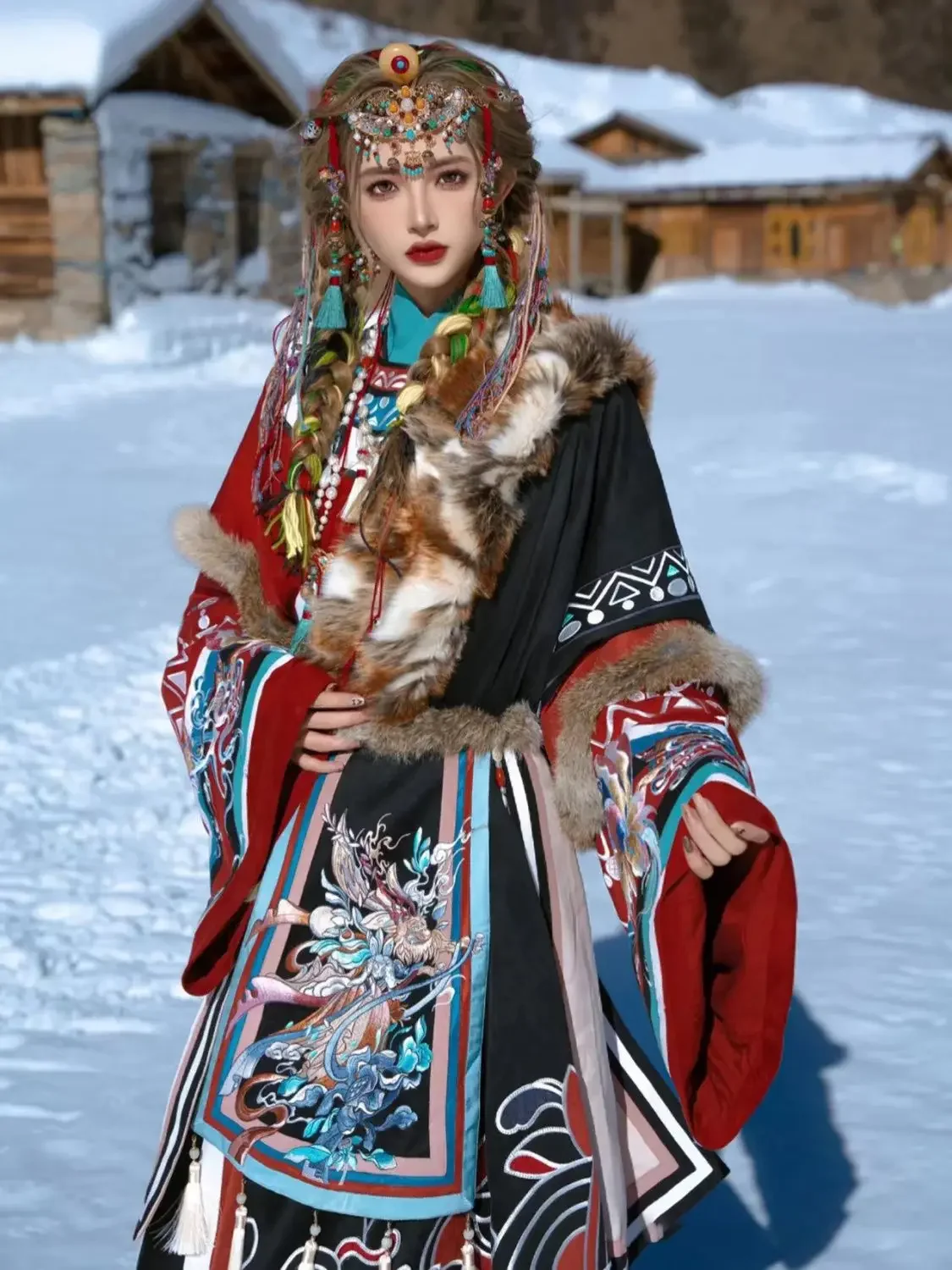 

Chinese Ethnic Style Tibetan Han Clothing Elements Embroidered Plush Fringed Tibetan Robe Minority Nationality Clothes