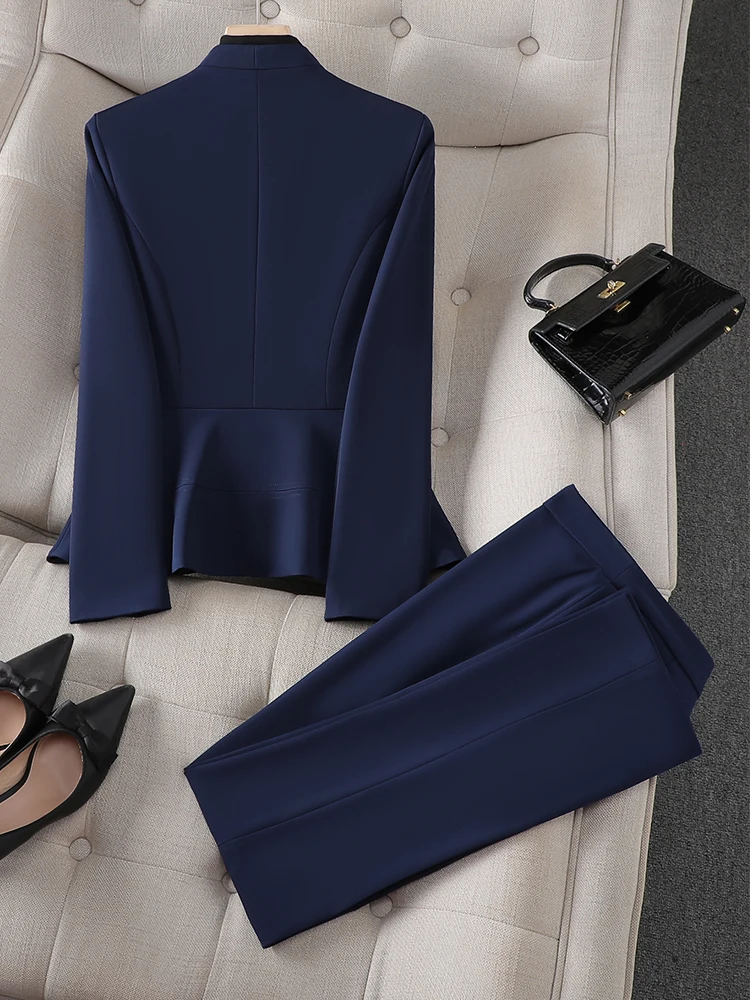 Blue White Fashion Women Pant Suit Office Ladies V-Neck Slim Jacket Blazer And Trouser Female Work Wear Formal 2 Piece Set