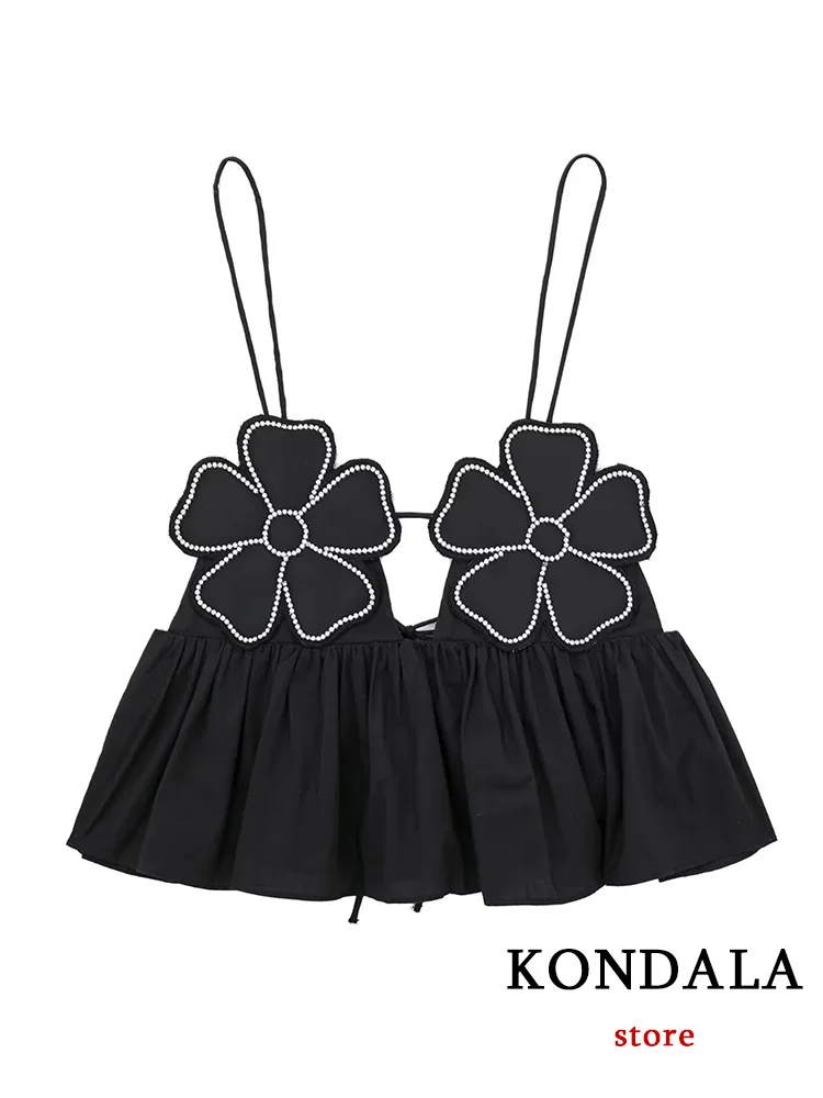 KONDALA Sexy Chic Black Women Tops Flower Appliques Camis Short Slim Top New Fashion 2023 Autumn Holiday Short Vest