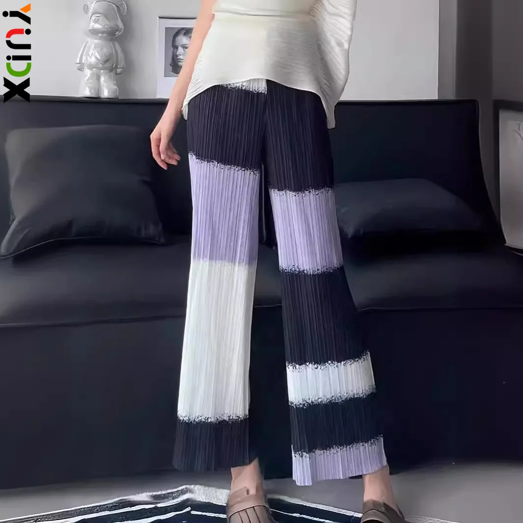 

Miyake Color Blocking Design Pleated Simple Temperament Casual Pants Loose Slim Fashion Women's Nine-minute Pants 2024 Summer