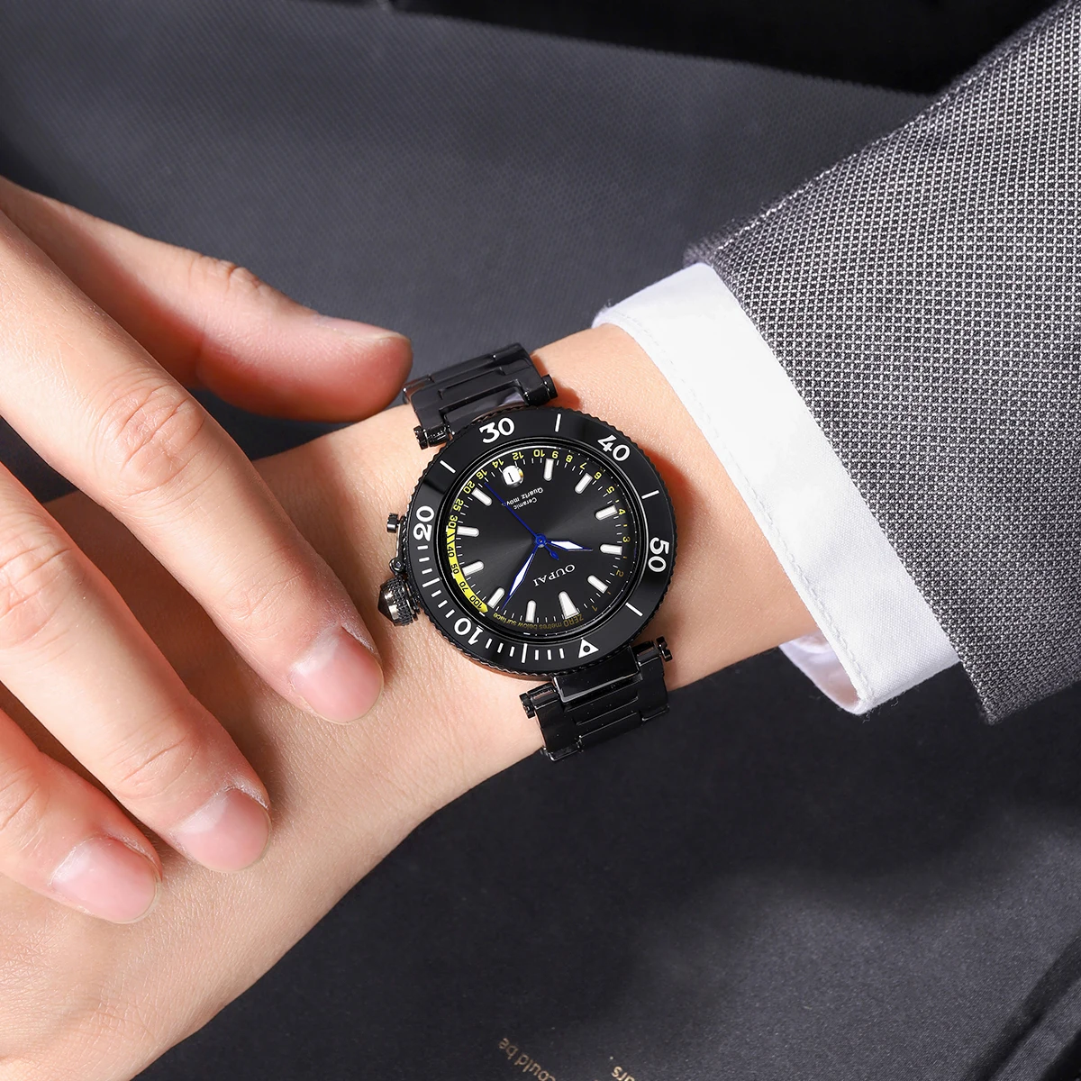 Oupai круглые черные керамические кварцевые часы с перемещением, простые и спортивные часы, мужские наручные часы с календарем, водонепроницаемые, светящиеся