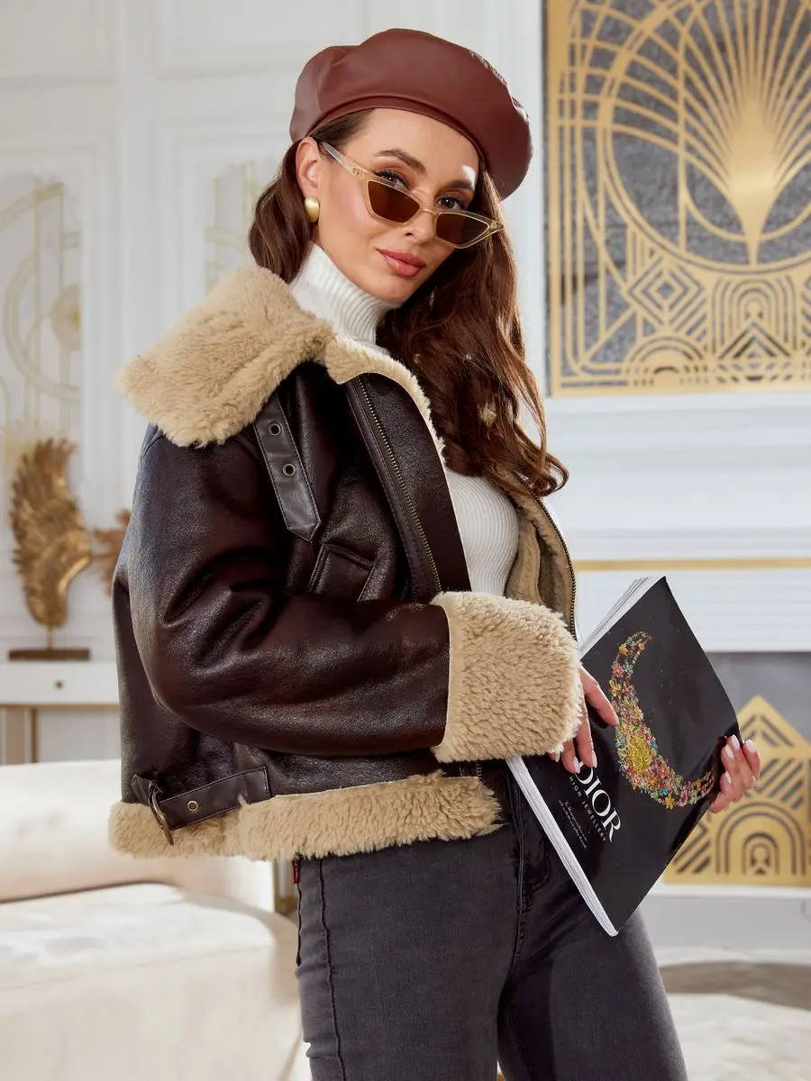 Fitaylor Winter Women Faux Fur Leather Jacket Casual Lapel Zipper Leather Coat High Street Motorcycle Outwear