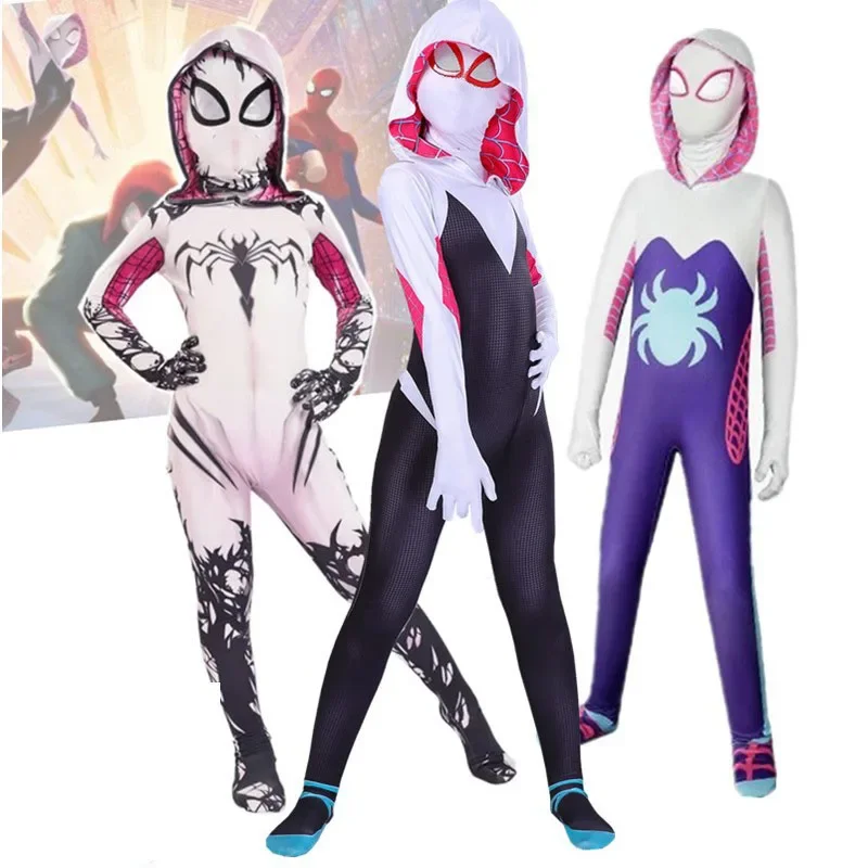 

2025 Girls Gwen Superhero Bodysuit Halloween Cosplay Masks Jumpsuit Dress Up Masks Dress Up Gift