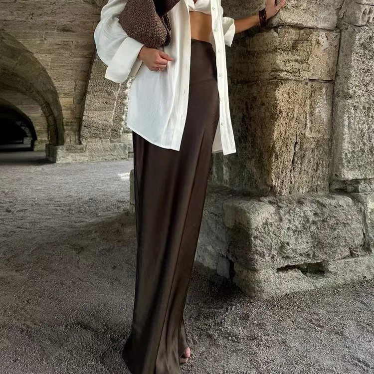 กระโปรงทรงเอไลน์เอวสูงผ้าซาตินสำหรับผู้หญิง คุณภาพพรีเมียม เหมาะสำหรับใส่ทำงาน กระโปรงยาวทรงเข้ารูป สีพื้น