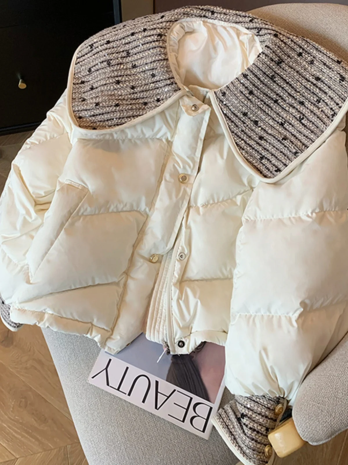 

Women's ort Puffer Cotton Jaet Thi Warm Doll Collar down Coat Winter 2024 Faion Design Retro Sle Loose Fit Zipper