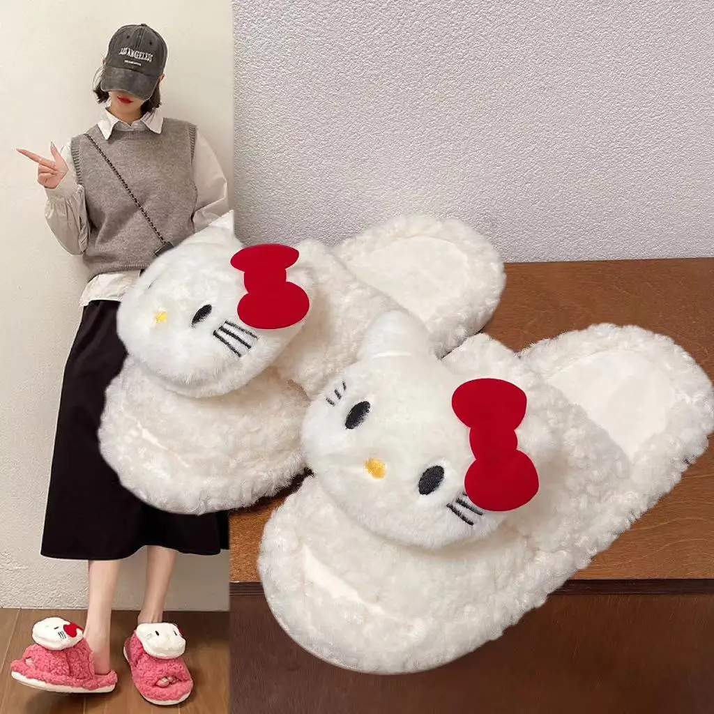 Kawaii Hello Kitty Anime Plush Slippers Cartoon Autumn Winter Women Home Indoor Cotton Flat Sandals Non-slip Spring Casual Shoes