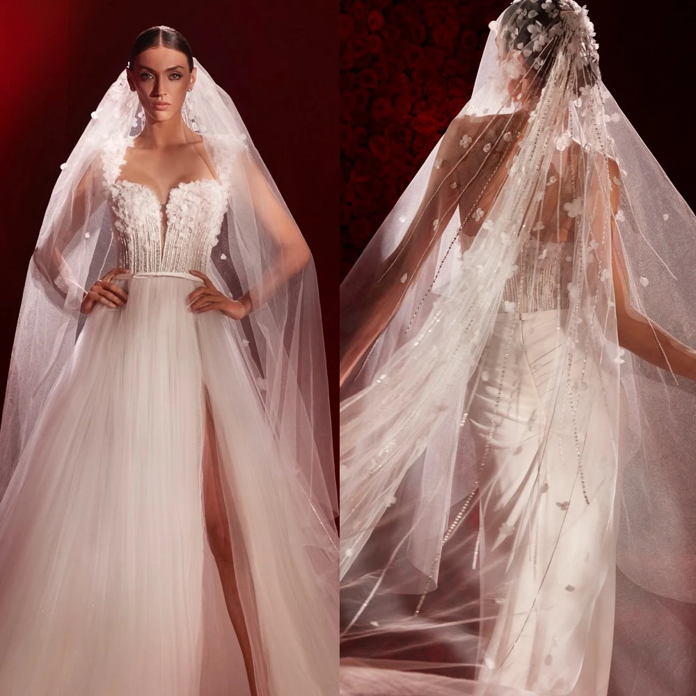 Dreamy Wedding Veil Single Tier Flower Beaded Chain Appliques Long Bridal Tulle Veil Custom Made Cathedral Bride Veils
