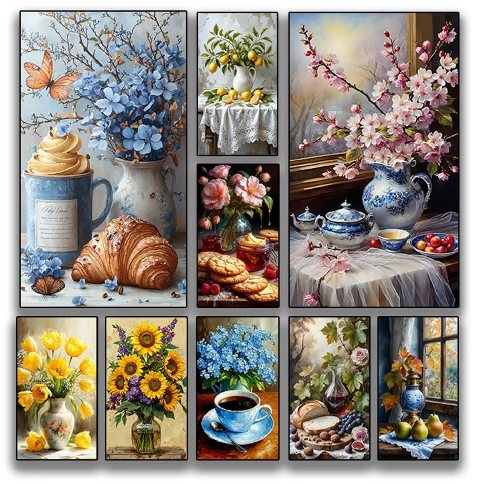 Kit de Pintura de Diamantes 5D DIY, Mosaico de Punto de Cruz, Diamantes Cuadrados y Redondos, Bordado de Jarrón Gourmet, Decoración para el Hogar
