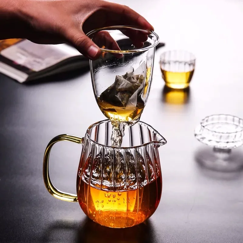 Heat Resistant Glass Teapot Transparent Stripe Chinese Kung Fu Tea Set Ceremony Household High Boron Silicon Teawear Cups