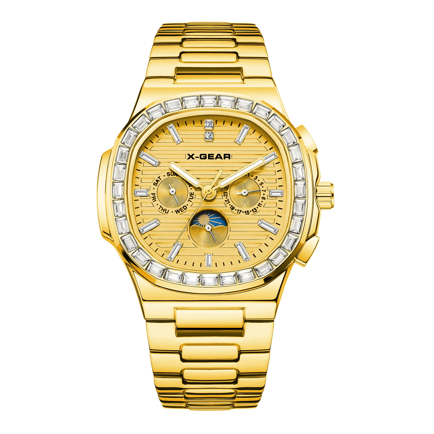 ساعة X-GEAR للرجال ساعات آلية أوتوماتيكية حزام فولاذي مقاوم للماء مرحلة القمر ساعة اليد التقويم الأسبوعي