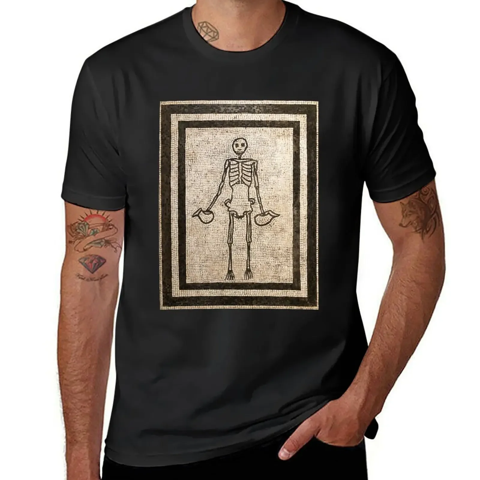 Roman mosaic from Pompeii showing a grinning skeleton holding wine jugs T-Shirt plus sizes mens shirts graphic tee