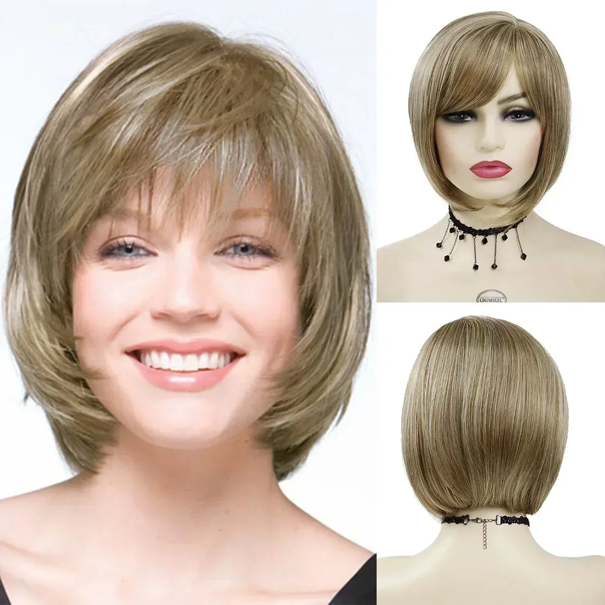 

Synthetic Short Blonde Wig for White Women Straight Hair Bob Wig with Bangs Natural Soft Daily Cosplay Halloween Lolita Party