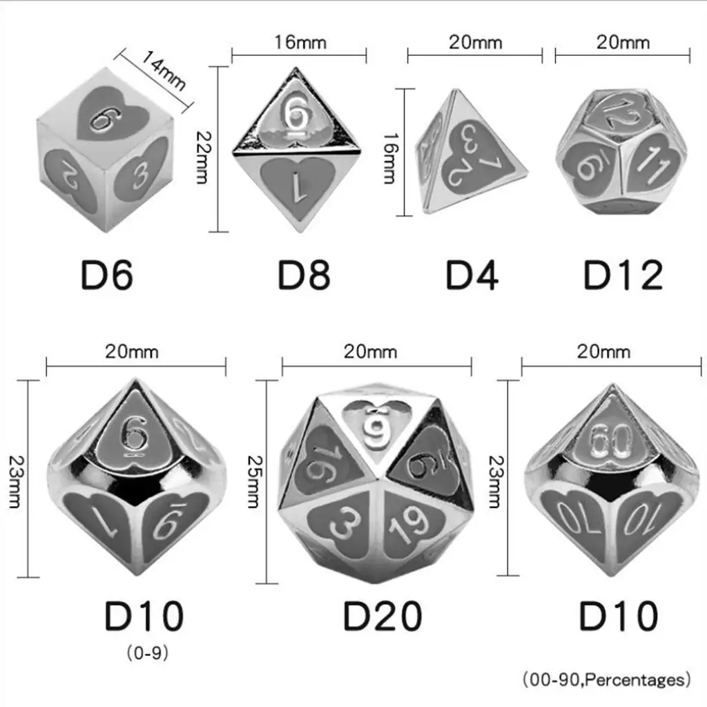 Set of 7 Metal Polyhedral , Board of D8 D10 D12 D20 for Kids Math Supplies, Collectibles