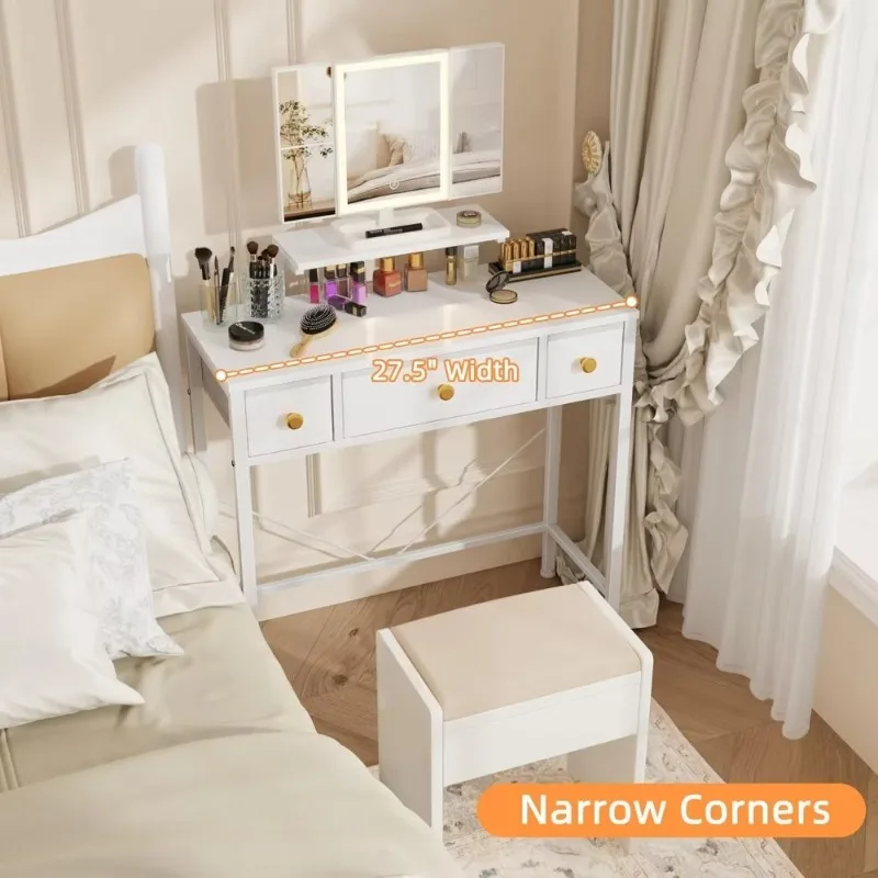 

Makeup Vanity Desk 27.5''W with Mirror and Lights, Vanity Desk with 3 Fabric Drawers and Height-Adjustable Stand, dresser